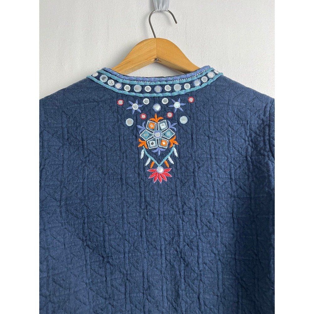 Temperance Navy Blue Embroidered Mirror Work Quilted Boho Jacket L - Picture 11 of 12